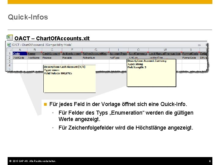 Quick-Infos OACT – Chart. Of. Accounts. xlt n Für jedes Feld in der Vorlage