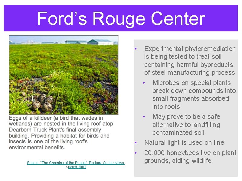 Ford’s Rouge Center • • • Source: “The Greening of the Rouge”, Ecology Center