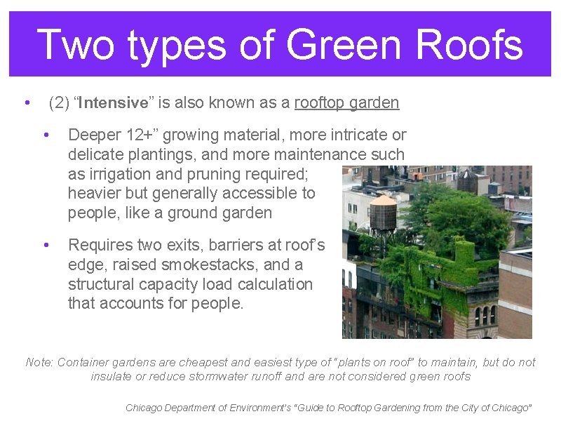Two types of Green Roofs • (2) “Intensive” is also known as a rooftop
