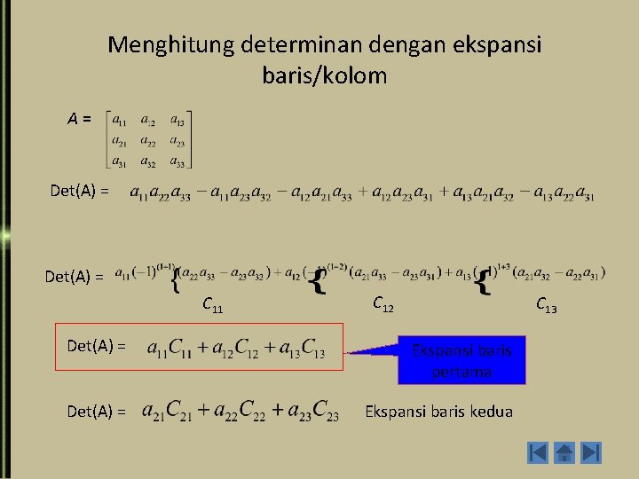 Menghitung determinan dengan ekspansi baris/kolom A= Det(A) = C 11 C 12 C 13