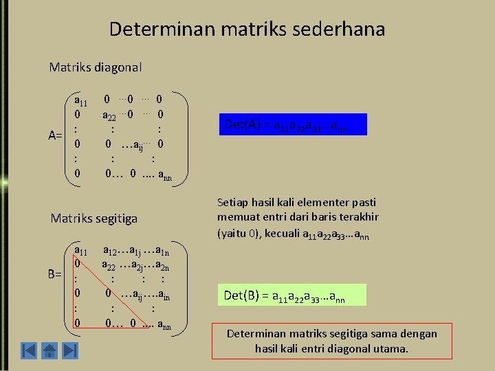 Determinan matriks sederhana Matriks diagonal a 11 0 A= : 0 0 … 0