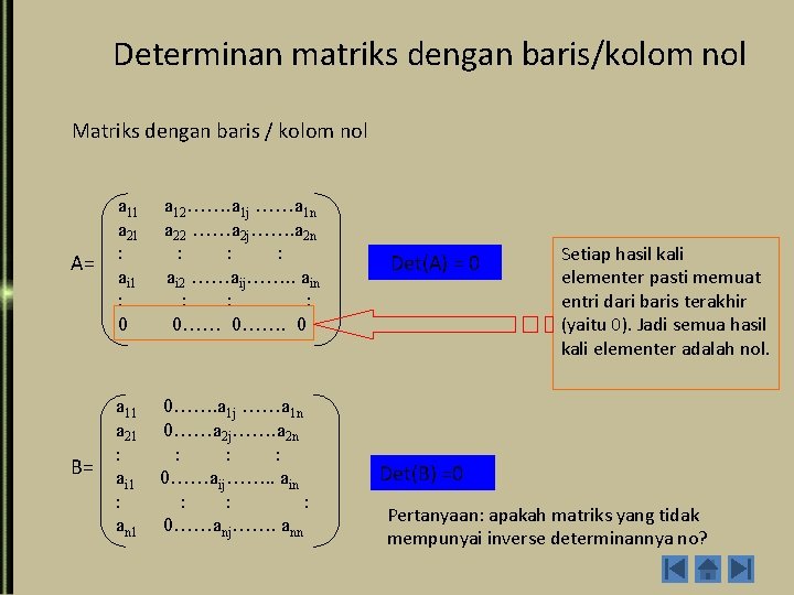 Determinan matriks dengan baris/kolom nol Matriks dengan baris / kolom nol A= a 11