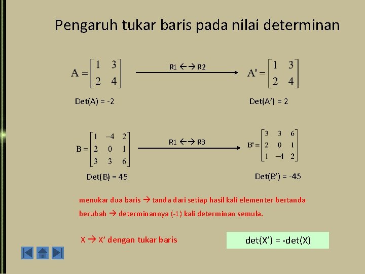 Pengaruh tukar baris pada nilai determinan R 1 R 2 Det(A’) = 2 Det(A)