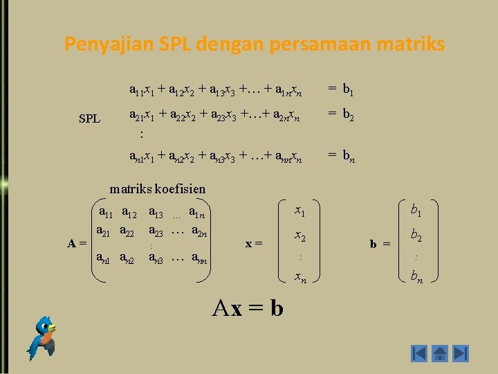 Penyajian SPL dengan persamaan matriks SPL a 11 x 1 + a 12 x