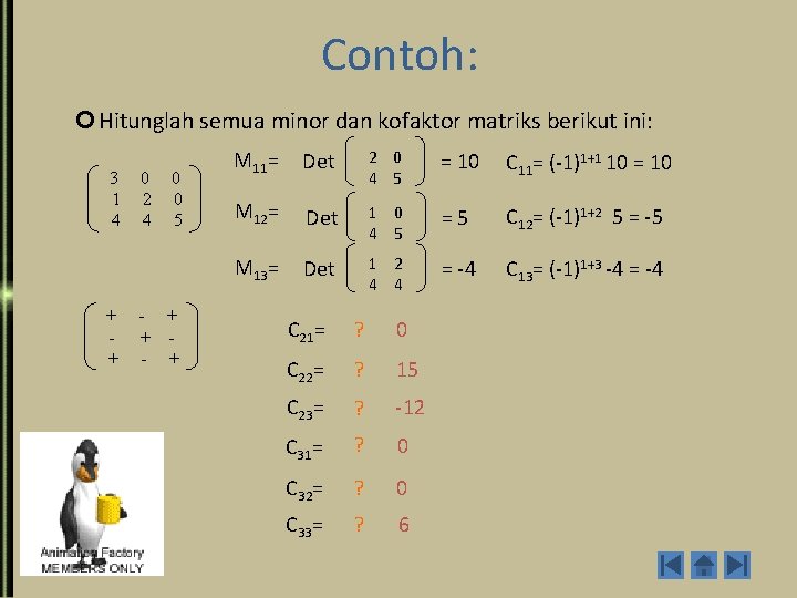 Contoh: Hitunglah semua minor dan kofaktor matriks berikut ini: 3 1 4 + +