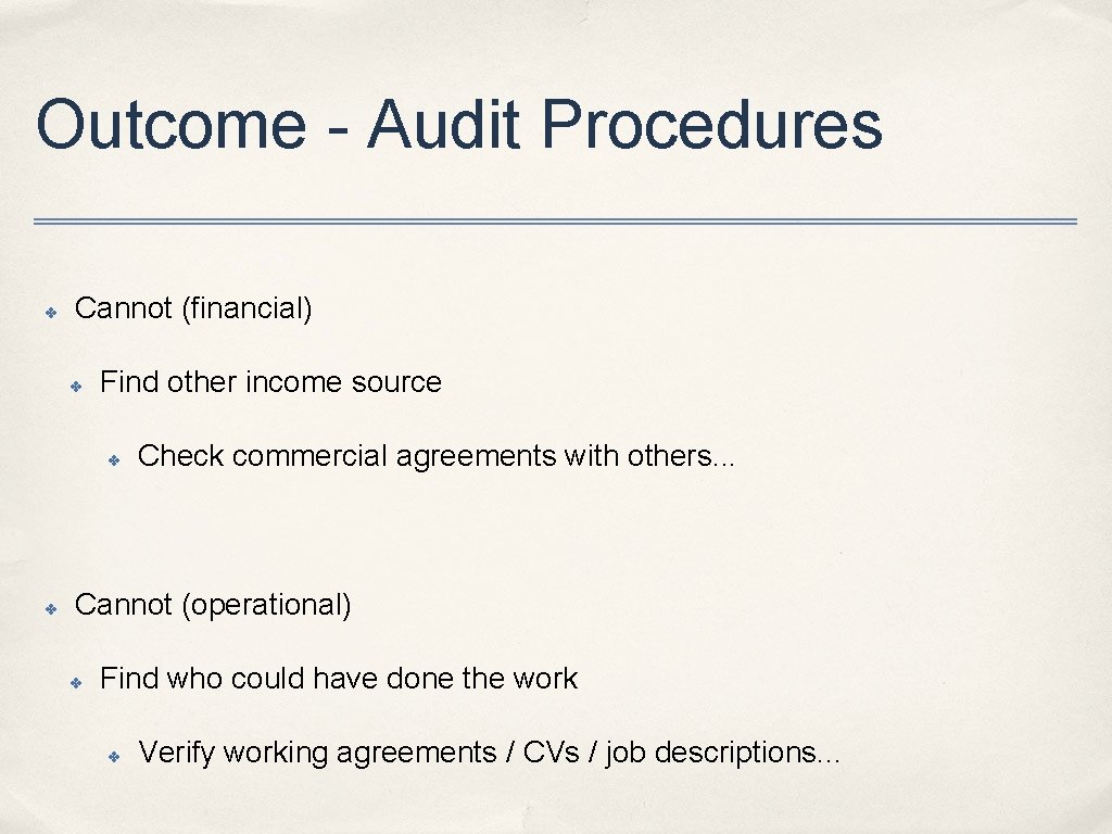 Outcome - Audit Procedures ✤ Cannot (financial) ✤ Find other income source ✤ ✤
