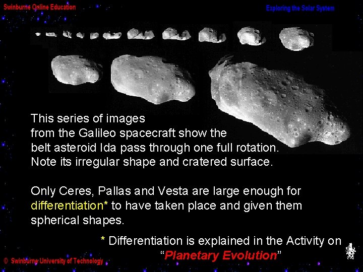 This series of images from the Galileo spacecraft show the belt asteroid Ida pass