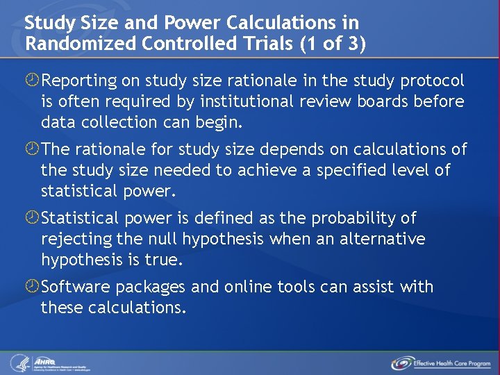 Study Size and Power Calculations in Randomized Controlled Trials (1 of 3) Reporting on