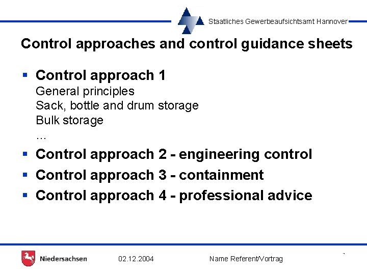 Staatliches Gewerbeaufsichtsamt Hannover Control approaches and control guidance sheets § Control approach 1 General