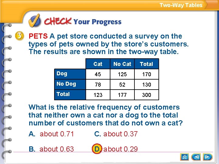 Two-Way Tables PETS A pet store conducted a survey on the types of pets