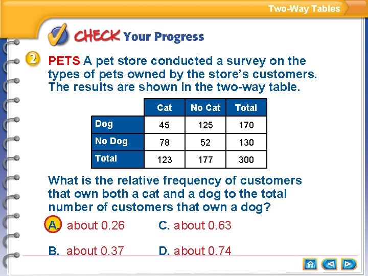 Two-Way Tables PETS A pet store conducted a survey on the types of pets