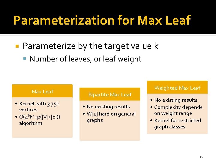 Parameterization for Max Leaf Parameterize by the target value k Number of leaves, or