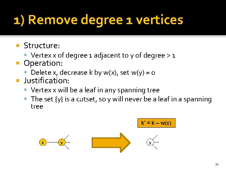 1) Remove degree 1 vertices Structure: Vertex x of degree 1 adjacent to y