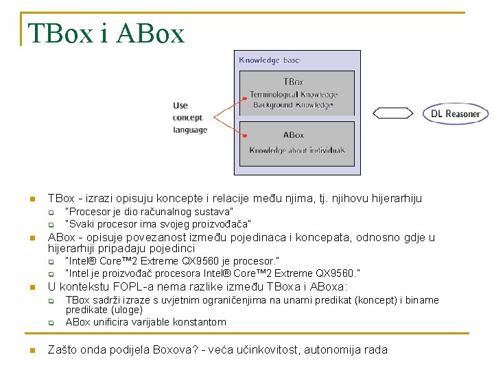 TBox i ABox n TBox - izrazi opisuju koncepte i relacije među njima, tj.