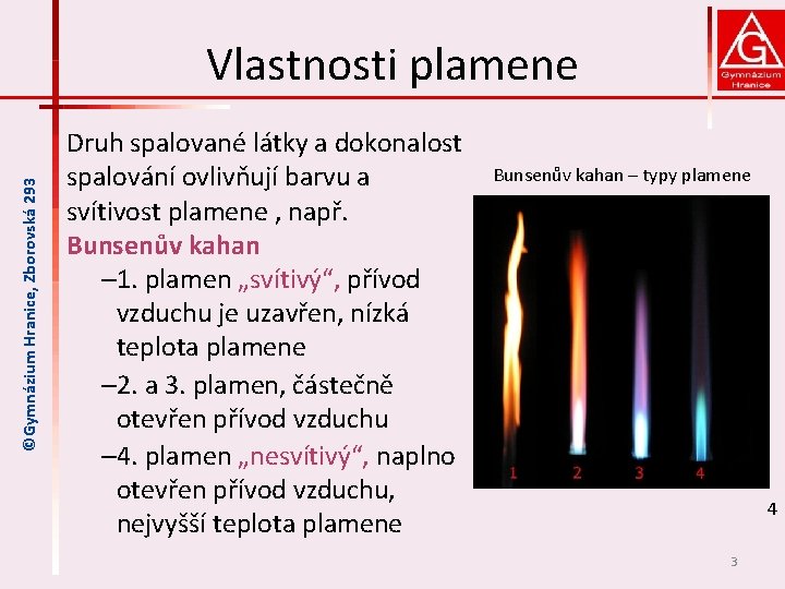 ©Gymnázium Hranice, Zborovská 293 Vlastnosti plamene Druh spalované látky a dokonalost spalování ovlivňují barvu