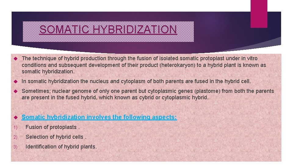 SOMATIC HYBRIDIZATION The technique of hybrid production through the fusion of isolated somatic protoplast