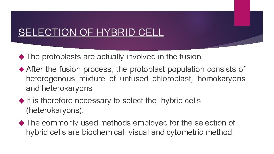 SELECTION OF HYBRID CELL The protoplasts are actually involved in the fusion. After the