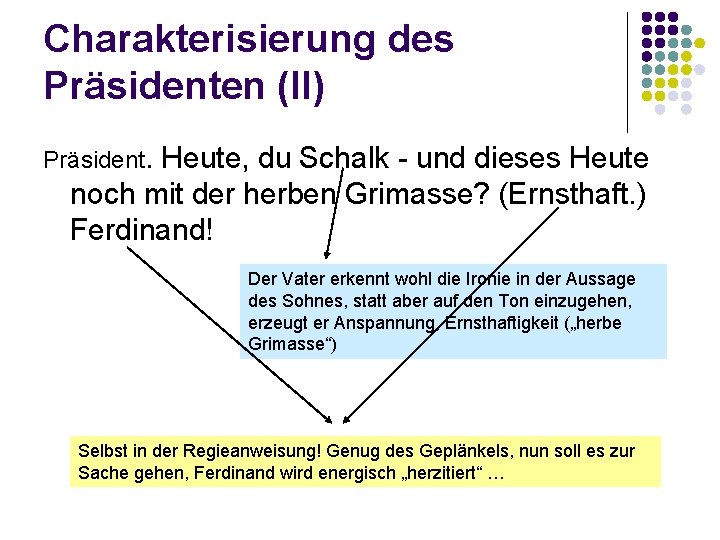 Charakterisierung des Präsidenten (II) Präsident. Heute, du Schalk - und dieses Heute noch mit