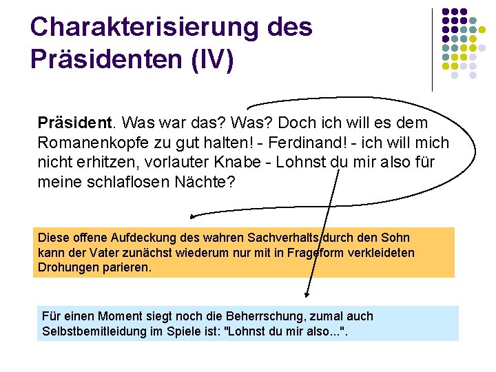 Charakterisierung des Präsidenten (IV) Präsident. Was war das? Was? Doch ich will es dem