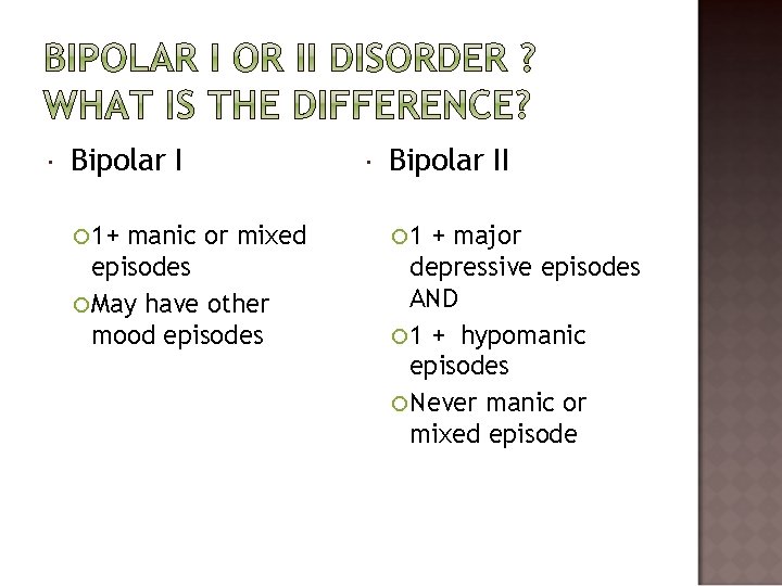  Bipolar I 1+ manic or mixed episodes May have other mood episodes Bipolar