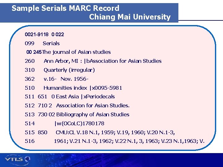Sample Serials MARC Record Chiang Mai University 0021 -9118 0 022 099 Serials 00