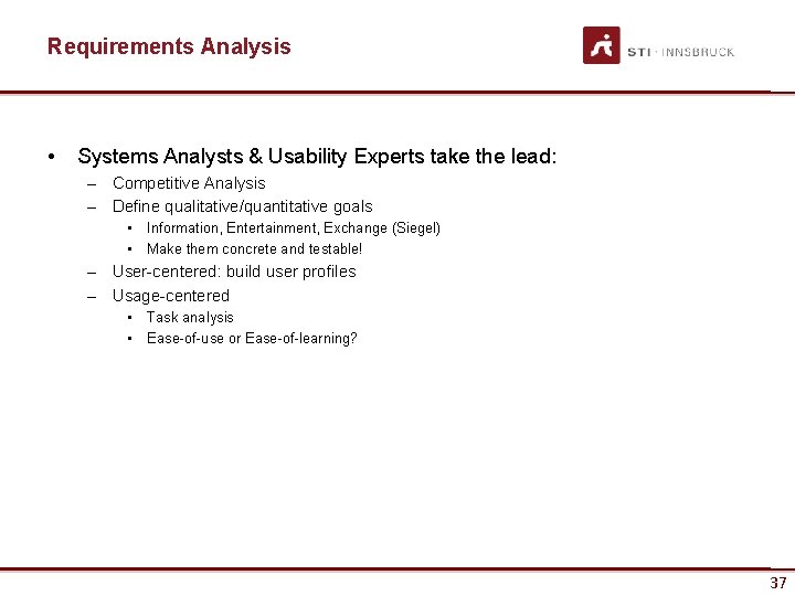 Requirements Analysis • Systems Analysts & Usability Experts take the lead: – Competitive Analysis