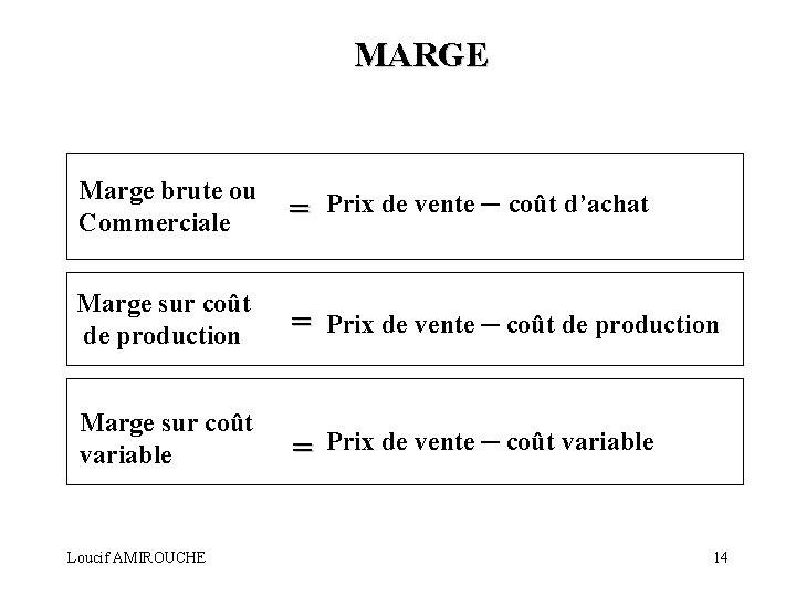 MARGE Marge brute ou Commerciale = Prix de vente – coût d’achat Marge sur