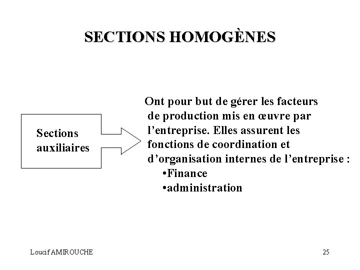 SECTIONS HOMOGÈNES Sections auxiliaires Loucif AMIROUCHE Ont pour but de gérer les facteurs de