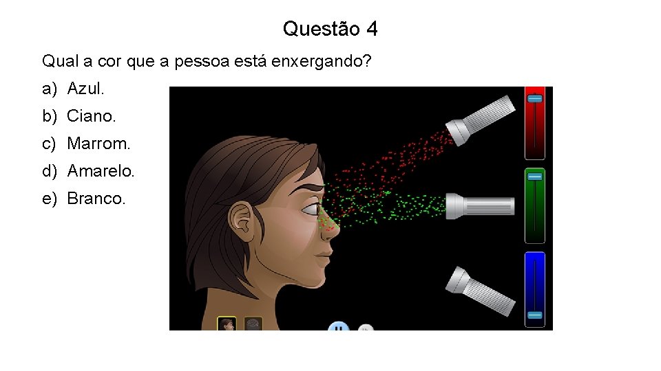 Questão 4 Qual a cor que a pessoa está enxergando? a) Azul. b) Ciano.