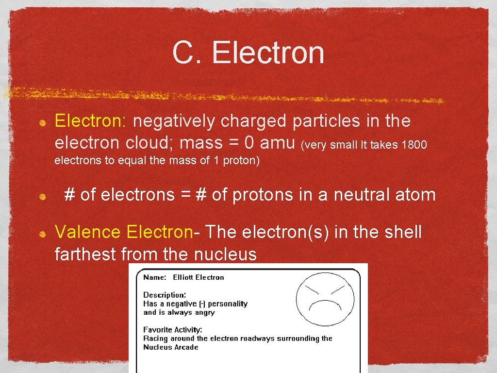 C. Electron: negatively charged particles in the electron cloud; mass = 0 amu (very