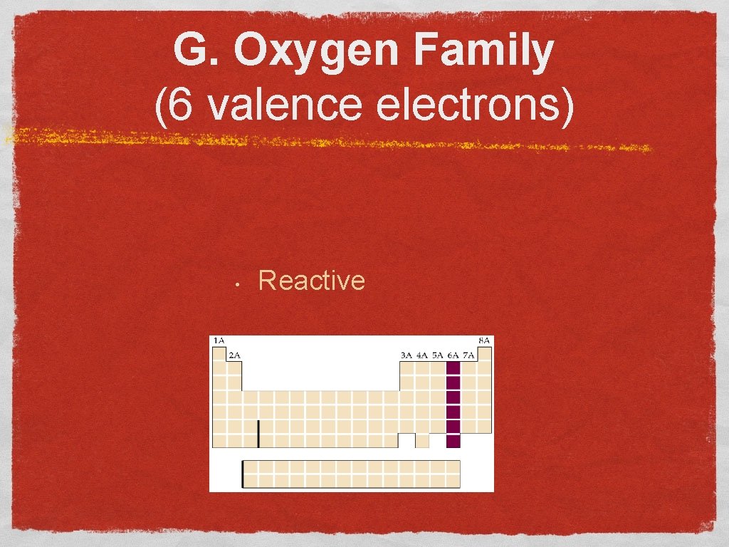 G. Oxygen Family (6 valence electrons) • Reactive 