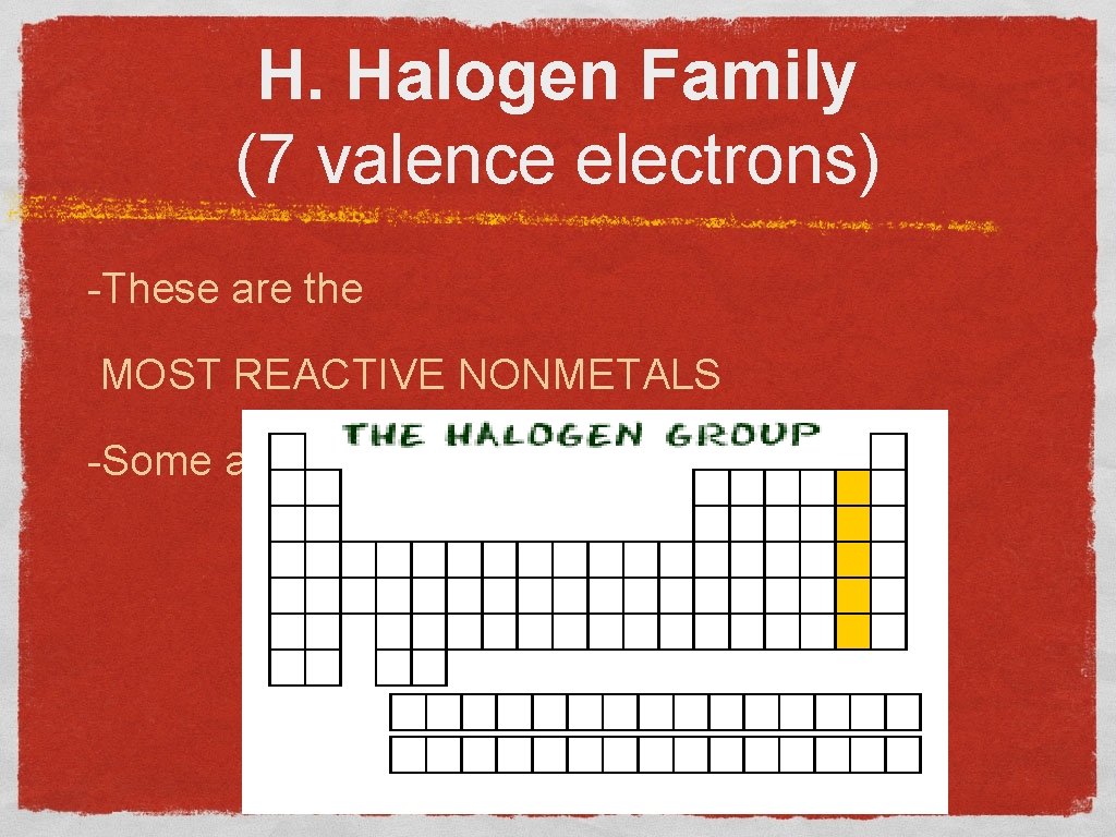 H. Halogen Family (7 valence electrons) -These are the MOST REACTIVE NONMETALS -Some are