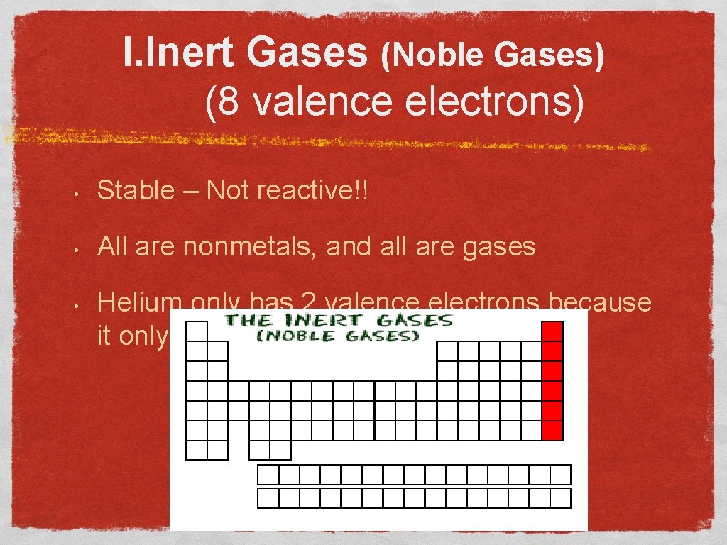 I. Inert Gases (Noble Gases) (8 valence electrons) • Stable – Not reactive!! •