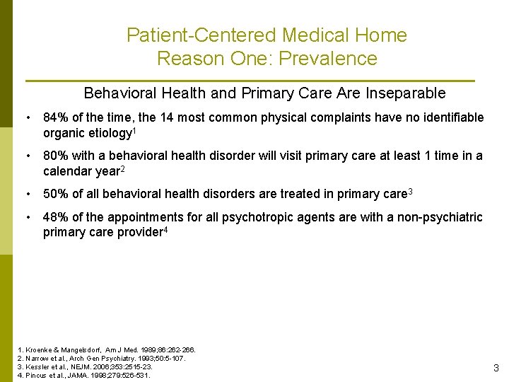 Patient-Centered Medical Home Reason One: Prevalence Behavioral Health and Primary Care Are Inseparable •