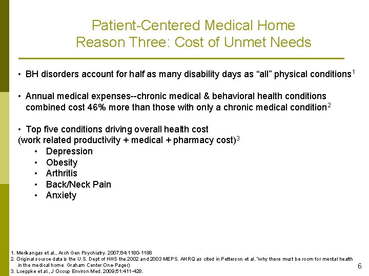 Patient-Centered Medical Home Reason Three: Cost of Unmet Needs • BH disorders account for