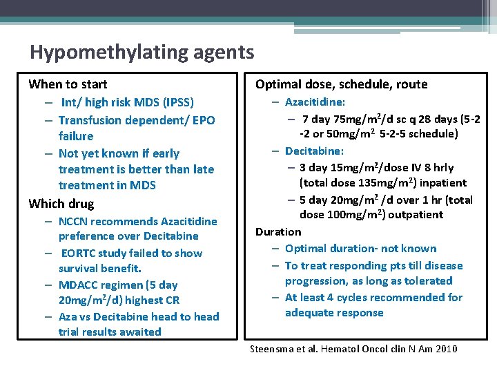 Hypomethylating agents When to start – Int/ high risk MDS (IPSS) – Transfusion dependent/