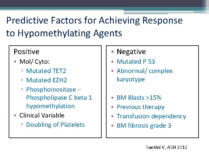 Predictive Factors for Achieving Response to Hypomethylating Agents Positive • Negative • Mol/ Cyto: