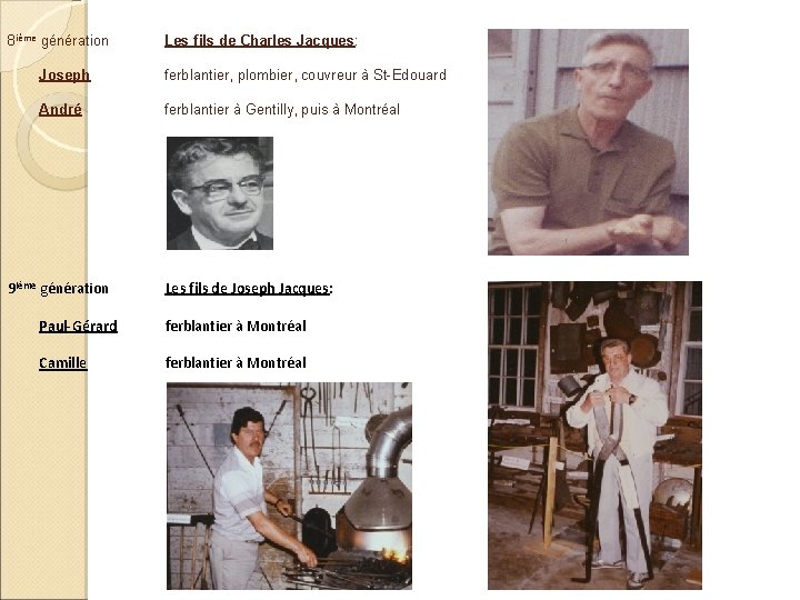 8 ième génération Les fils de Charles Jacques: Joseph ferblantier, plombier, couvreur à St-Edouard