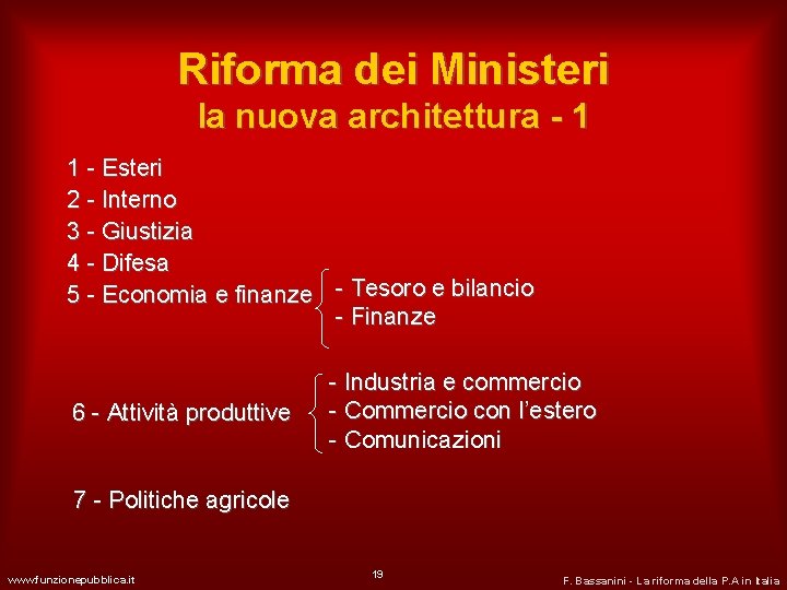 Riforma dei Ministeri la nuova architettura - 1 1 - Esteri 2 - Interno