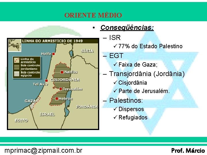 ORIENTE MÉDIO • Conseqüências: – ISR ü 77% do Estado Palestino – EGT ü