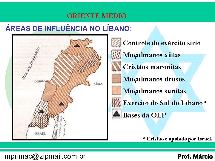 ORIENTE MÉDIO ÁREAS DE INFLUÊNCIA NO LÍBANO: Controle do exército sírio Muçulmanos xiitas Cristãos