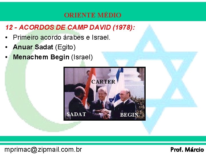 ORIENTE MÉDIO 12 - ACORDOS DE CAMP DAVID (1978): • Primeiro acordo árabes e