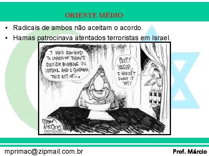 ORIENTE MÉDIO • Radicais de ambos não aceitam o acordo. • Hamas patrocinava atentados