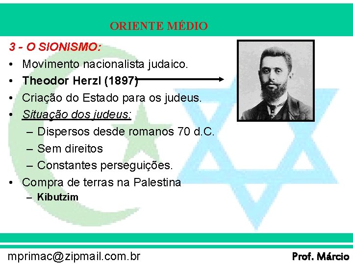 ORIENTE MÉDIO 3 - O SIONISMO: • Movimento nacionalista judaico. • Theodor Herzl (1897)