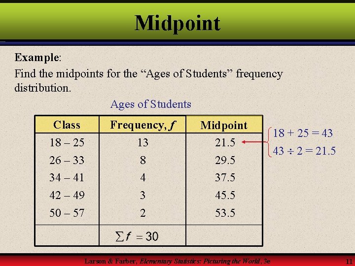 Midpoint Example: Find the midpoints for the “Ages of Students” frequency distribution. Ages of