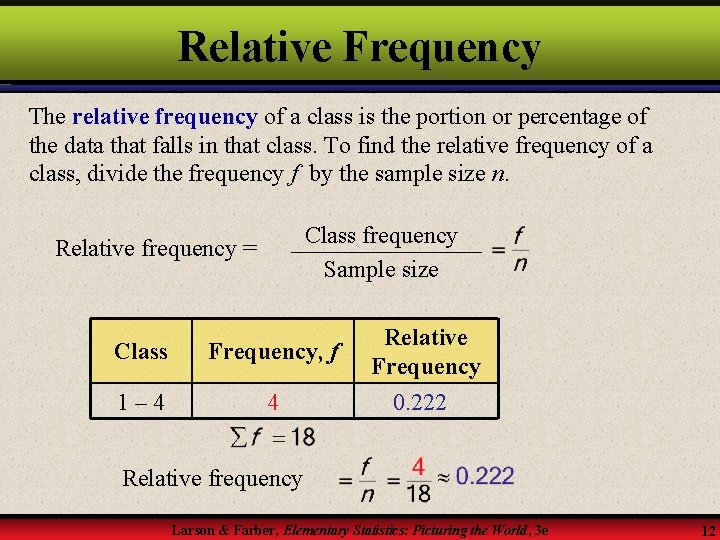 Relative Frequency The relative frequency of a class is the portion or percentage of