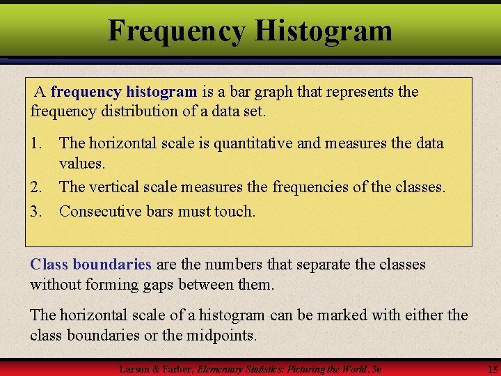 Frequency Histogram A frequency histogram is a bar graph that represents the frequency distribution