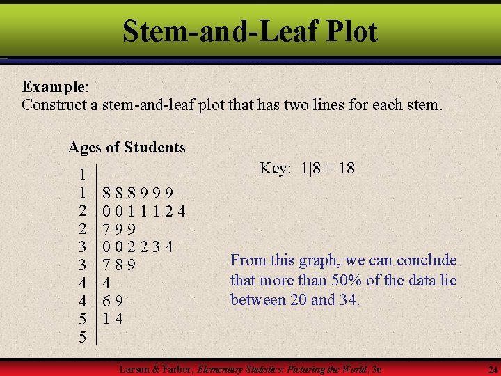 Stem-and-Leaf Plot Example: Construct a stem-and-leaf plot that has two lines for each stem.