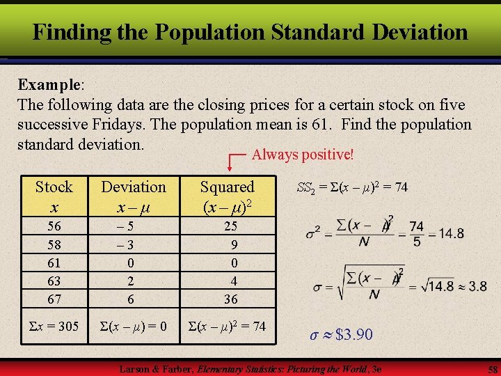 Finding the Population Standard Deviation Example: The following data are the closing prices for