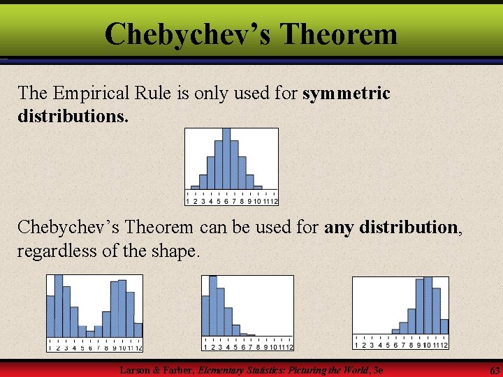Chebychev’s Theorem The Empirical Rule is only used for symmetric distributions. Chebychev’s Theorem can